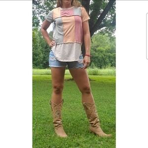 Perfect Peach reverse stitch cap sleeve top colorblock multicolor